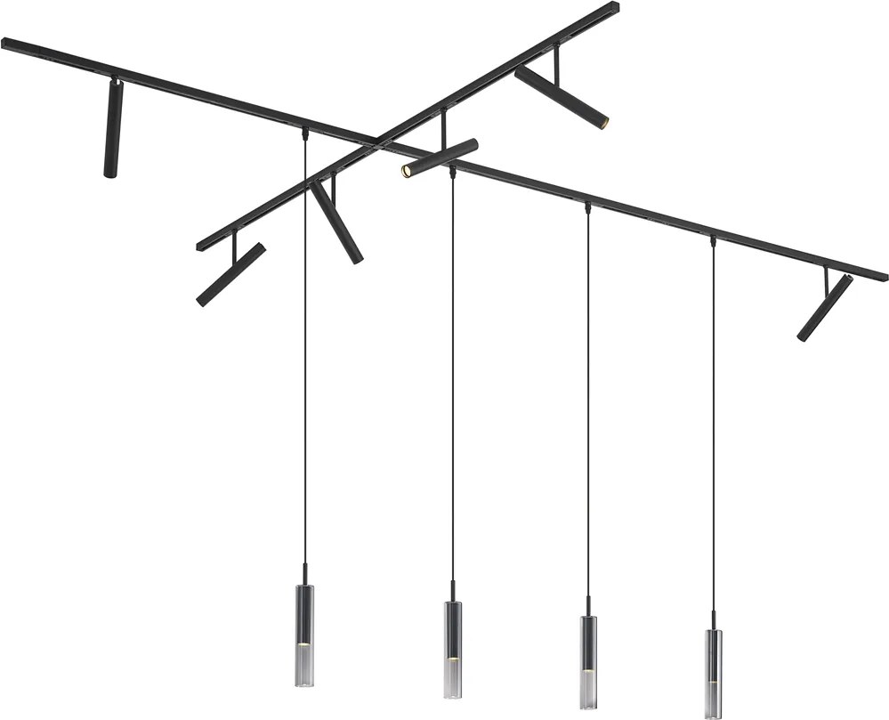 Sistem de iluminat pe șină modern negru cu 6 spoturi și 4 lumini suspendate negre monofazate - Slimline Avery Loyce