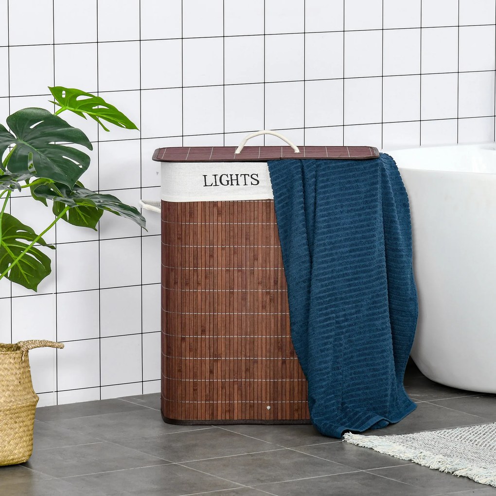HOMCOM Coș de Rufe din Bambus Rezistent la Apă, 100L, 2 Compartimente, Manere Laterale din Frânghie, Design Elegant | Aosom Romania