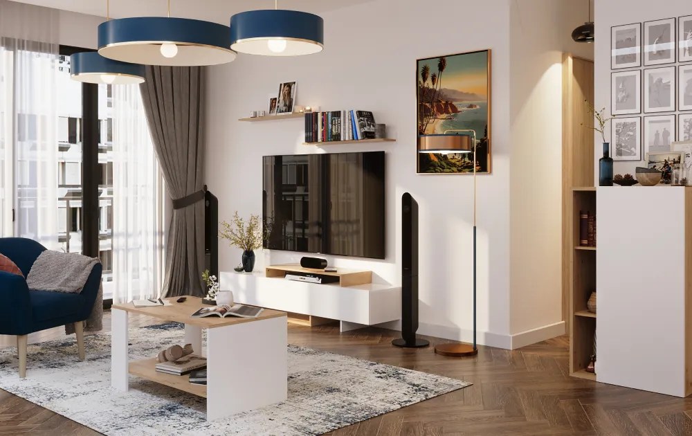 Mobilier de perete living, alb/stejar artisan, MILONA