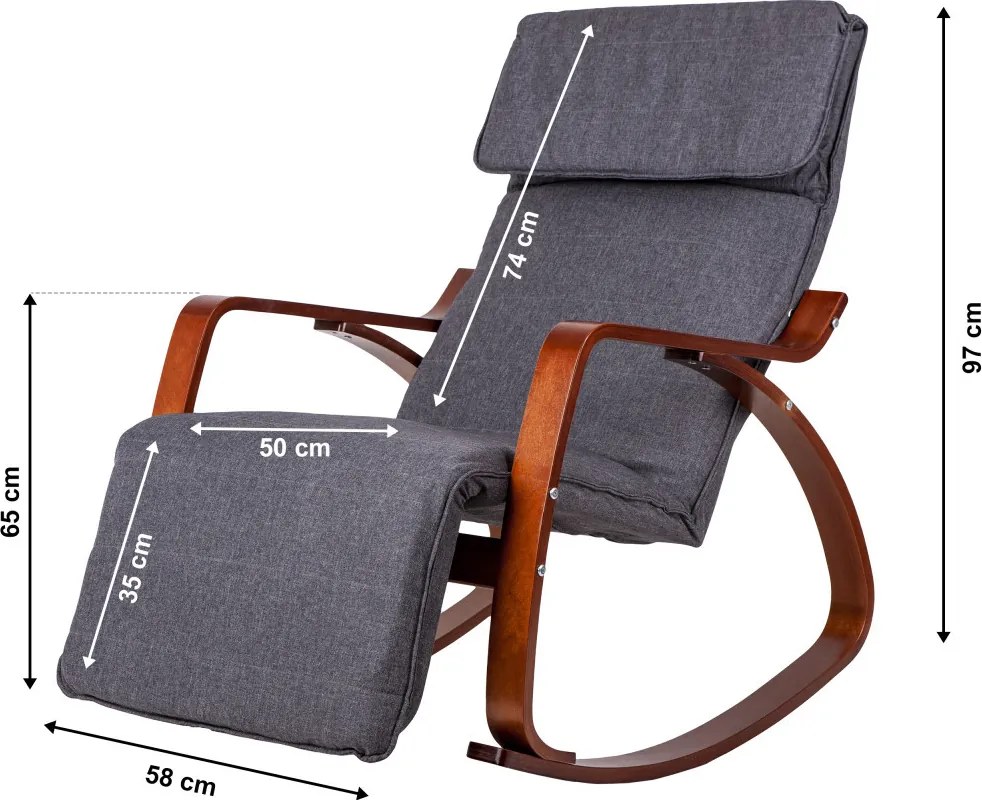 Scaun oscilant cu suport reglabil pentru picioare, cadru din lemn hazel - gri