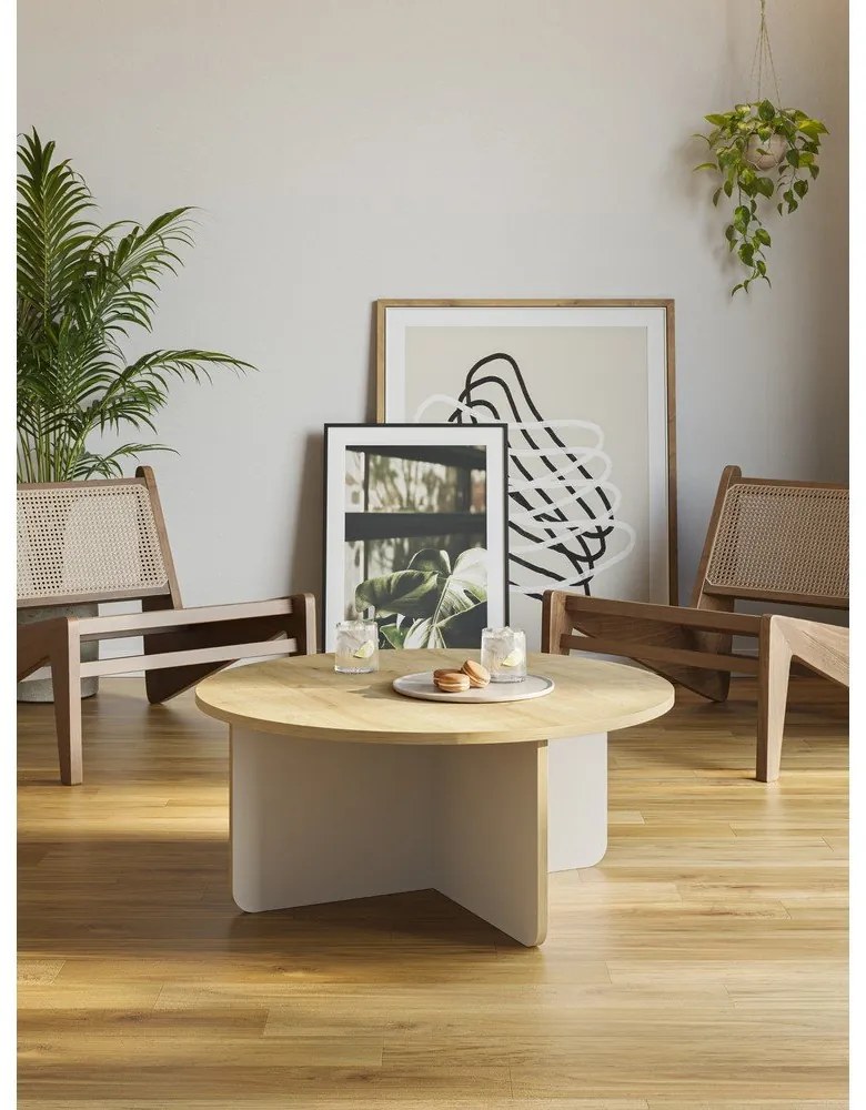Măsuță de cafea crem/în culoare naturală rotundă cu blat cu aspect de lemn de stejar ø 80 cm Hillary – Marckeric