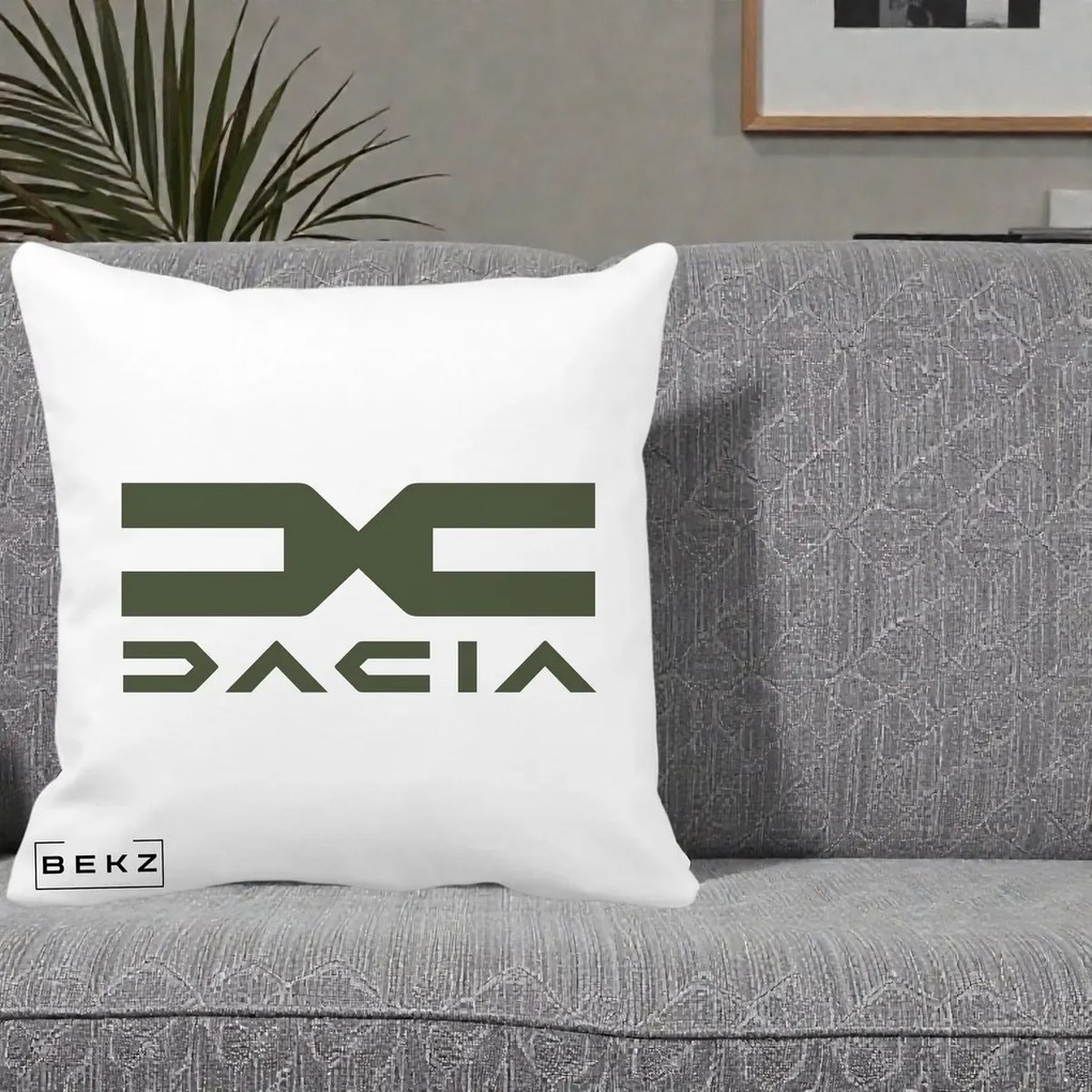 Perna Personalizata cu emblema Dacia, 40x40 cm, Alba Mata, Husa Detasabila, Perna Inclusa, BEKZ®