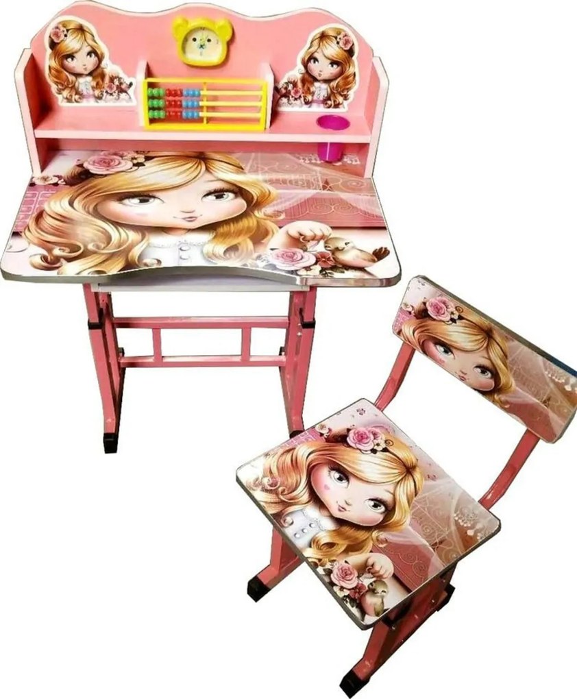 Birou copii din MDF cu jucarii interactive Novokids™ My first desk, dimensiuni 68X43X65, cadru metalic, masuta copii, Roz Princess