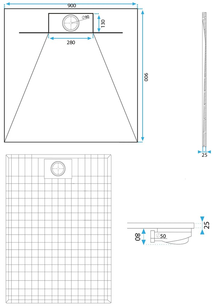 Cadita de dus Bazalt White 90x90