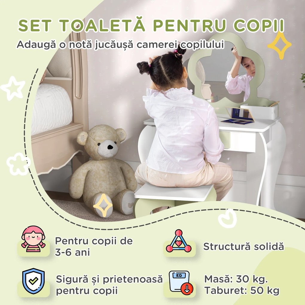ZONEKIZ Set de toaletă pentru copii cu oglindă de machiaj și scaunel asortat din lemn, sertar și recipiente, alb | Aosom Romania
