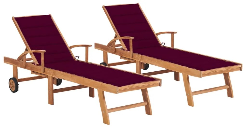 vidaXL Șezlonguri cu pernă roșu vin, 2 buc., lemn masiv de tec