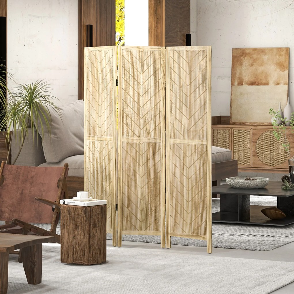 HOMCOM Separator de Cameră cu 3 Panouri, Ecran de Confidențialitate Pliabil Portabil pentru Interior din Lemn Masiv, Despărțitor de Perete, 120x170x1.6 cm, Natural