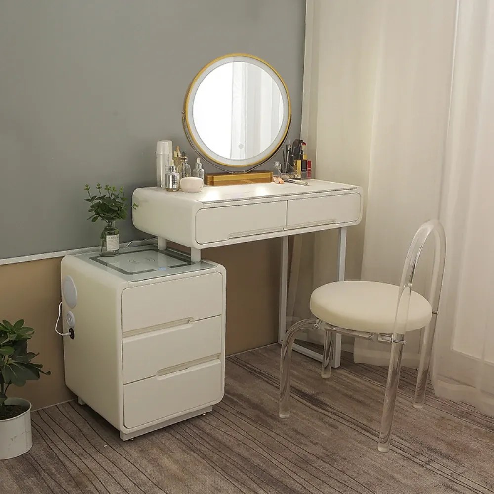 Set ALISA LONG – Masă de Toaletă pentru Machiaj, Oglindă Iluminată LED, Control Touch, 5 sertare, Comoda, Scaun, Difuzor Bluetooth, zona încărcare fără fir, Alb, 100 cm