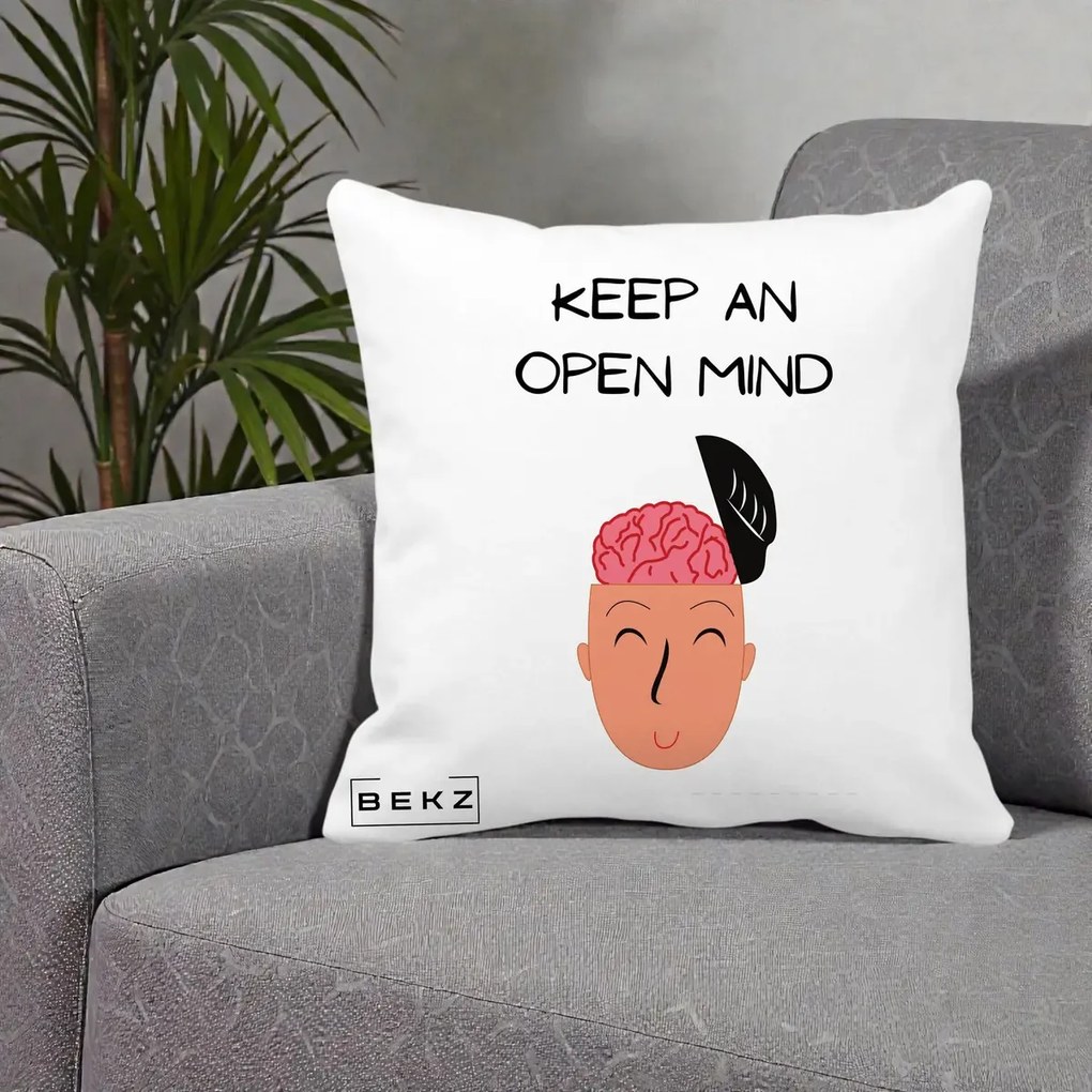 Perna Decorativa Keep An Open Mind, 40x40 cm, Alba Mata, Husa Detasabila, Perna Inclusa, BEKZ®