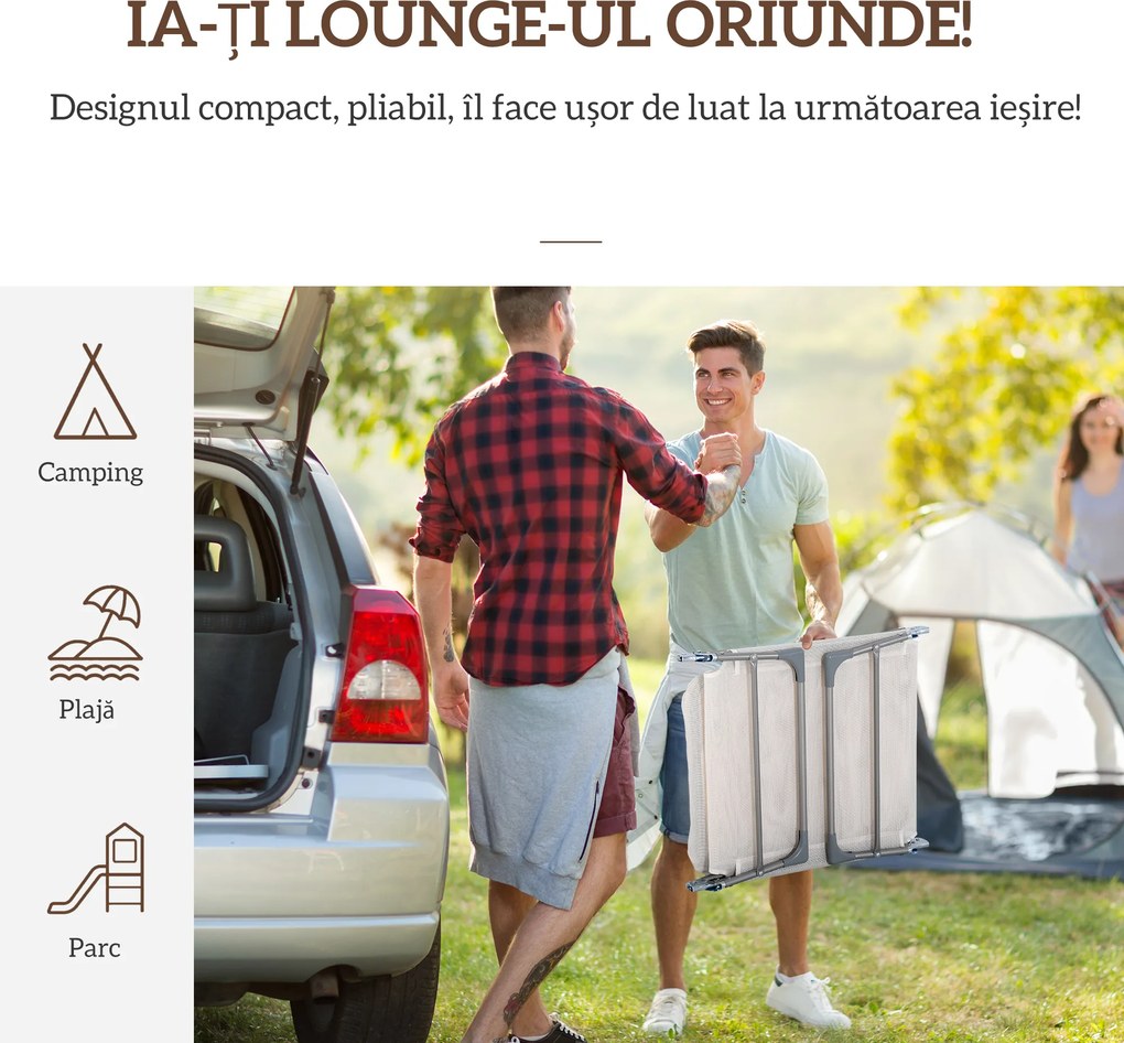 Outsunny Șezlong Pliabil cu Spătar Reglabil pe 5 Nivele și Pernă, Șezlong de Grădină cu Material Texteline, pentru Plajă, Piscină, Grădină, 182x56x28 cm, Crem | Aosom Romania