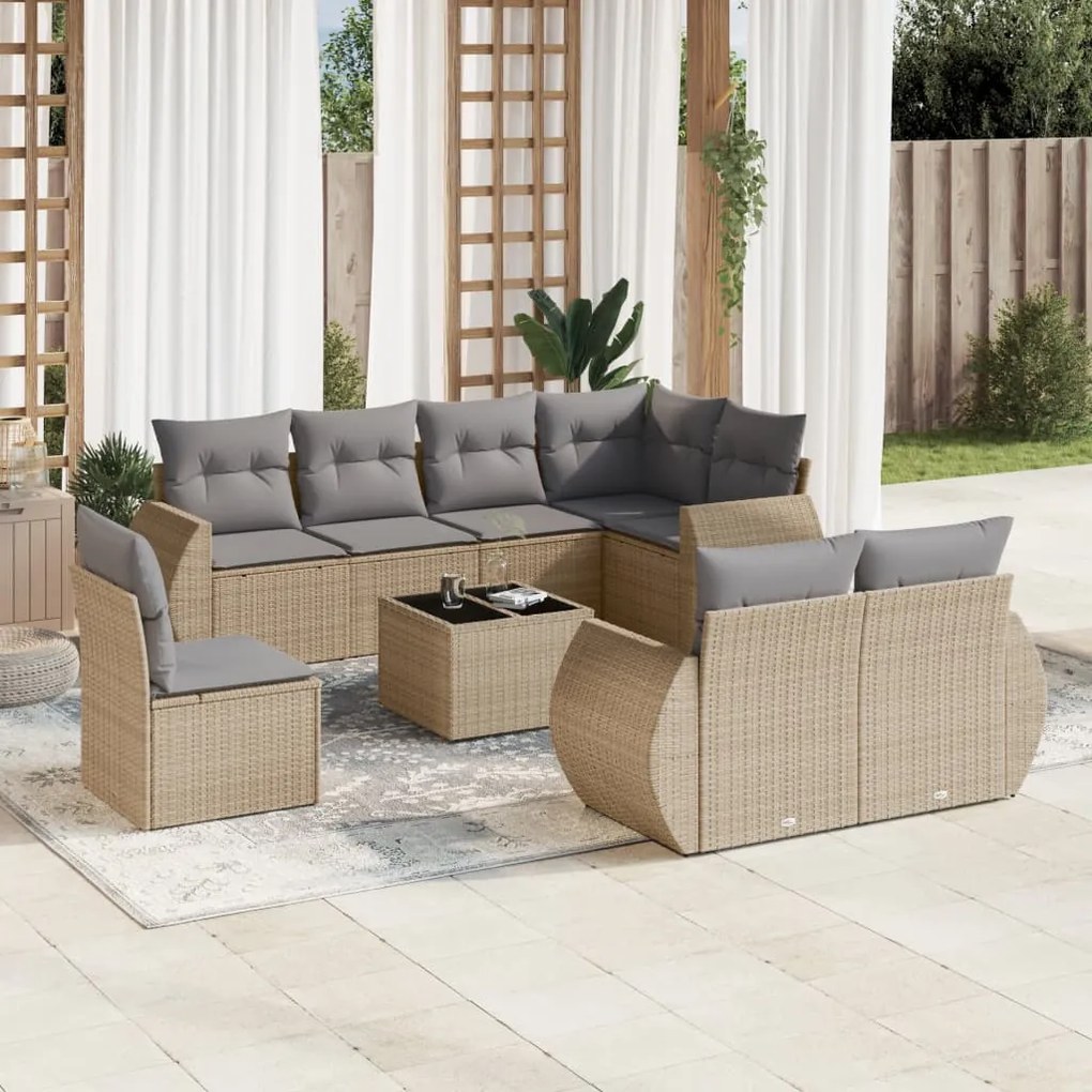 vidaXL Set canapele de grădină, 9 piese, cu perne, bej, poliratan