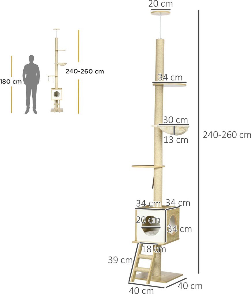 PawHut copac pentru pisici, până la tavăn, cușcă pentru pisici, două platforme, hamac, sistem anti-răsturnare, Maro deschis+Bej, 40 x 40 x 260 cm | Aosom Romania