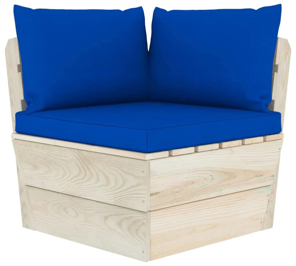 Set mobilier gradina din paleti cu perne, 5 piese, lemn molid Albastru, 2x colt + mijloc + masa + suport pentru picioare, 1
