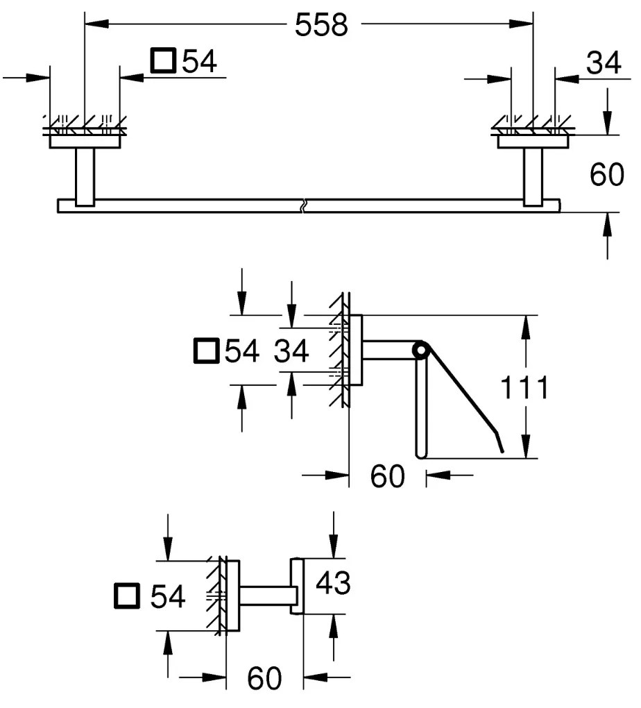 Pachet 3 in1 accesorii Grohe Start Cube, bara, agatatoare, suport hartie igienica, pe perete, metal, crom - 41124000