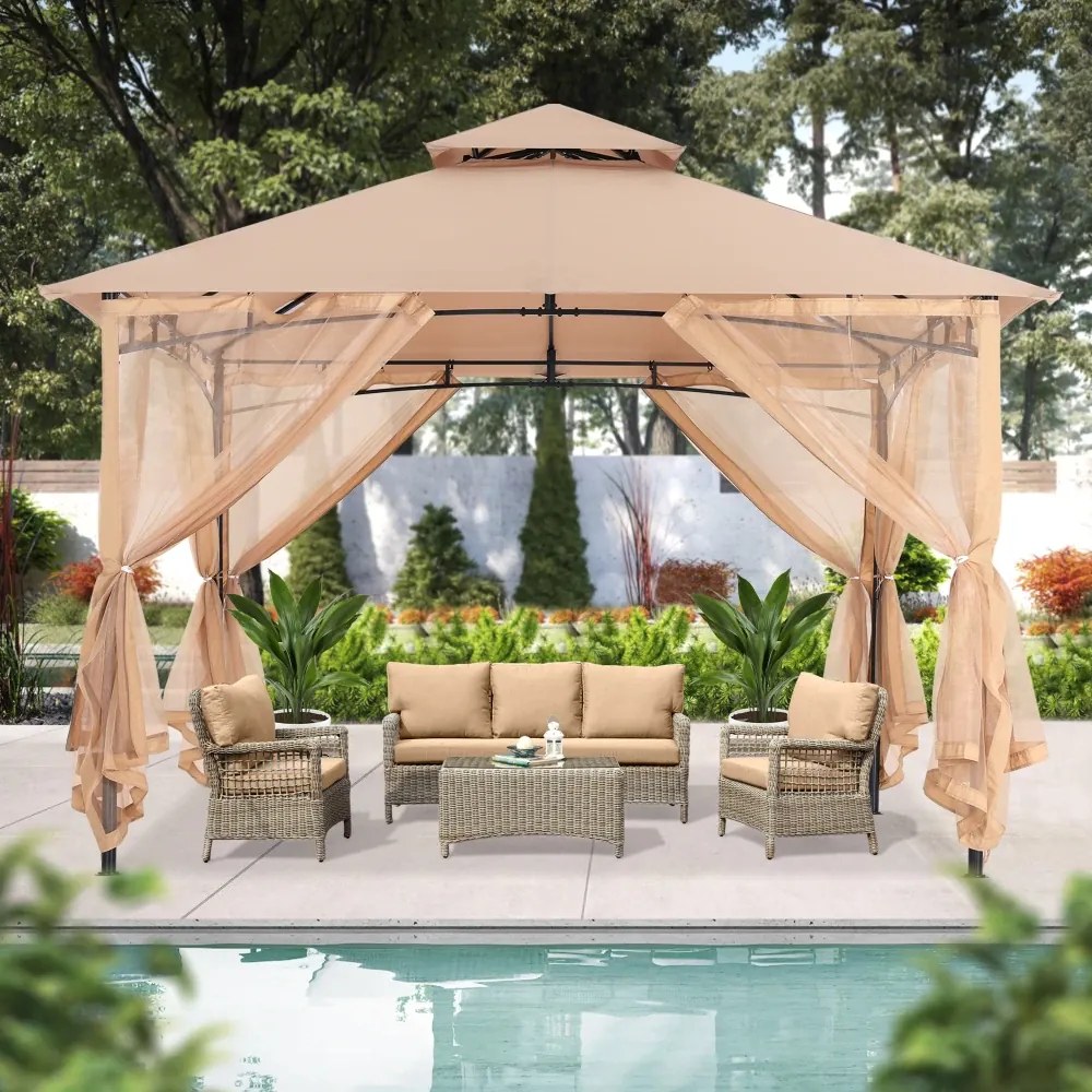 ABCCANOPY Foișor de gradina 3.3x3.3 m - Foișor exterior cu cadru din oțel și plasă de țânțari pentru gazon, curte, grădină, terasă, Bej