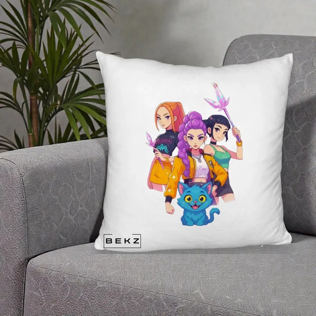 Perna Personalizata K-pop HUNTRX Trio cu Pisica si Cristale, 40x40 cm, Alb Pufos, Husa Detasabila, Perna Inclusa, BEKZ®
