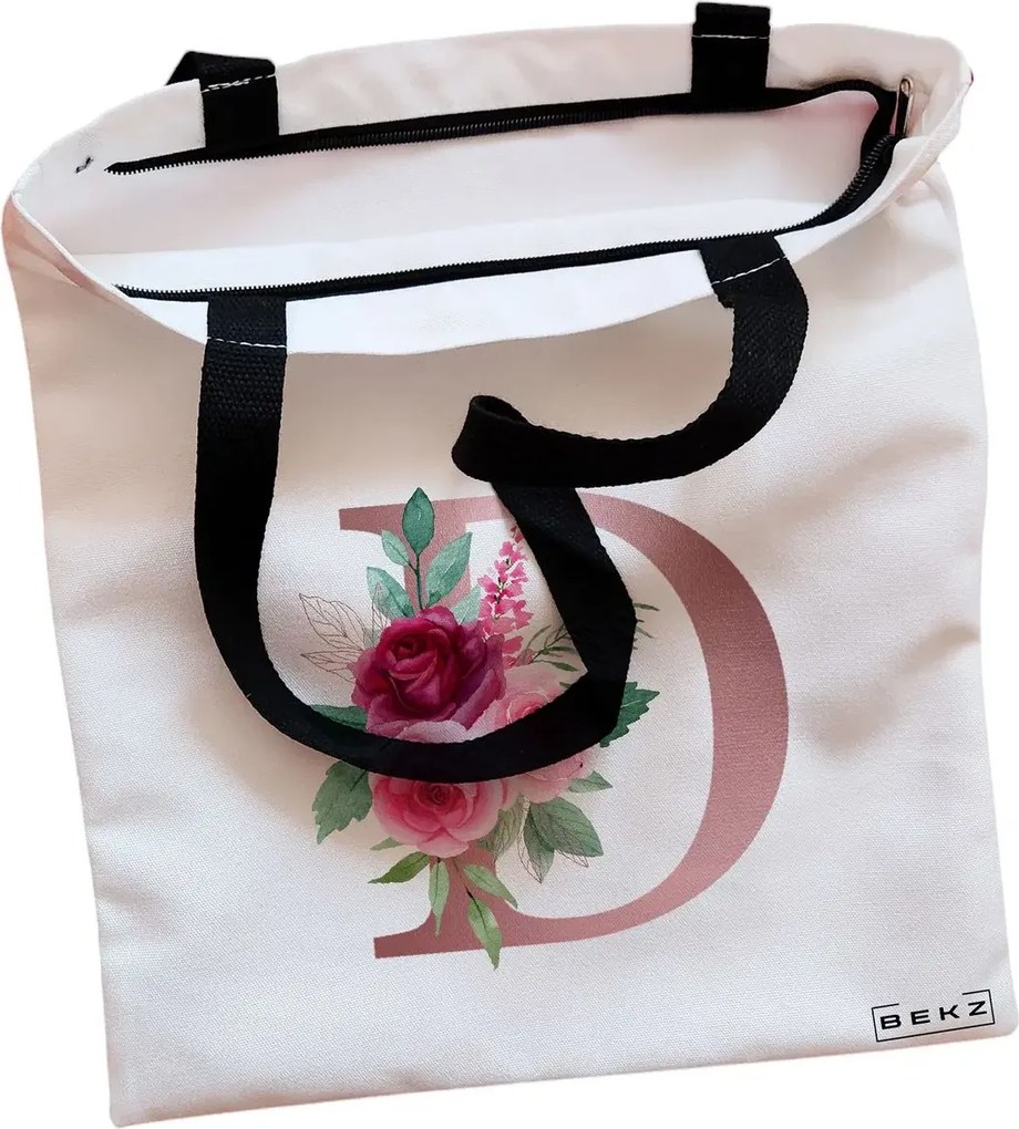 Sacosa de Panza pentru Cumparaturi, Geanta Tote, Cu litera D Rose Gold si Trandafiri, Cu fermoar, 38x34.5 cm, Alba, BEKZ®