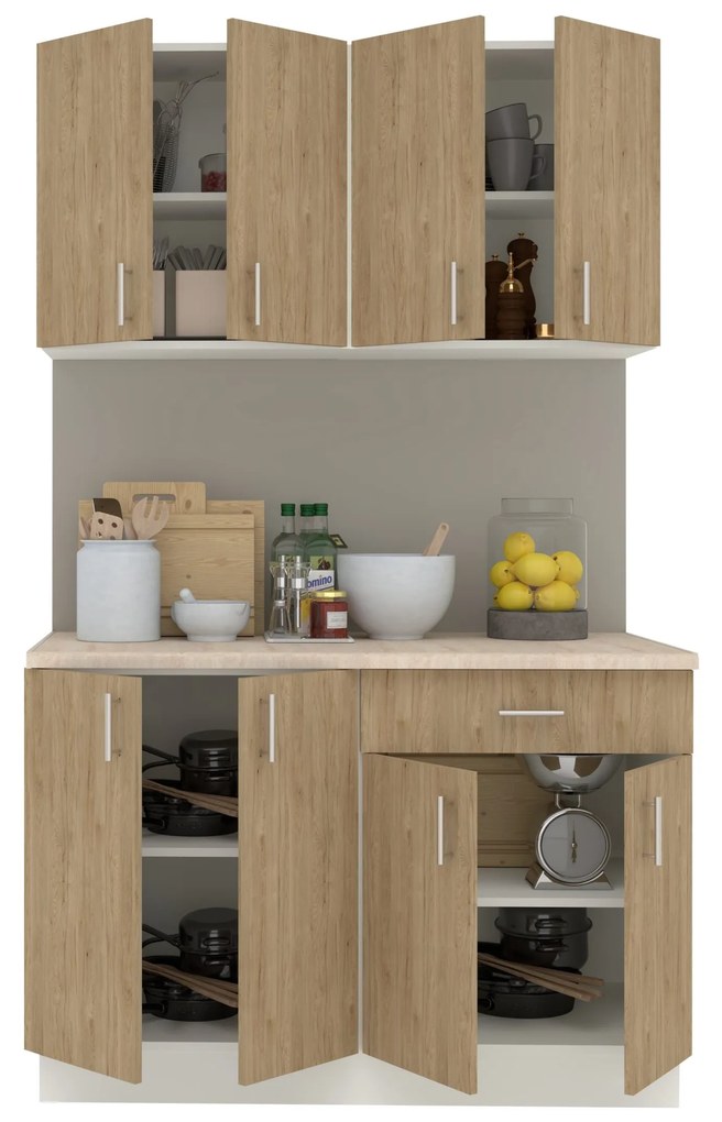 Set Bucatarie Karo V2, Lemn Natural/Alb, Blat Thermo 28 mm, L 120 cm