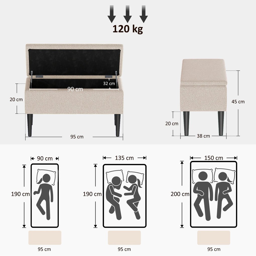 HOMCOM Scaun Modern cu Spațiu de Depozitare și Picioare din Lemn, Scaun Tapițat pentru Living sau Dormitor, 95x38x45 cm, Bej | Aosom Romania