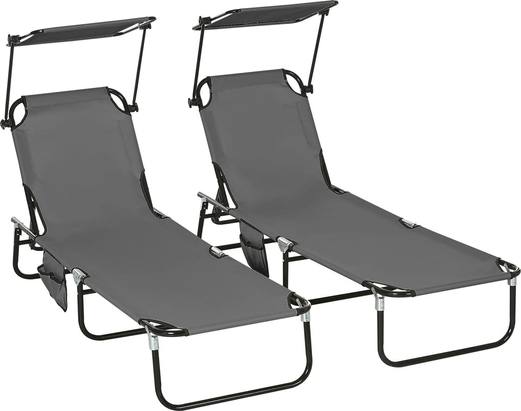 Outsunny Set 2 șezlonguri pliante cu parasolar, spătar reglabil în 5 trepte, Gri închis | Aosom Romania