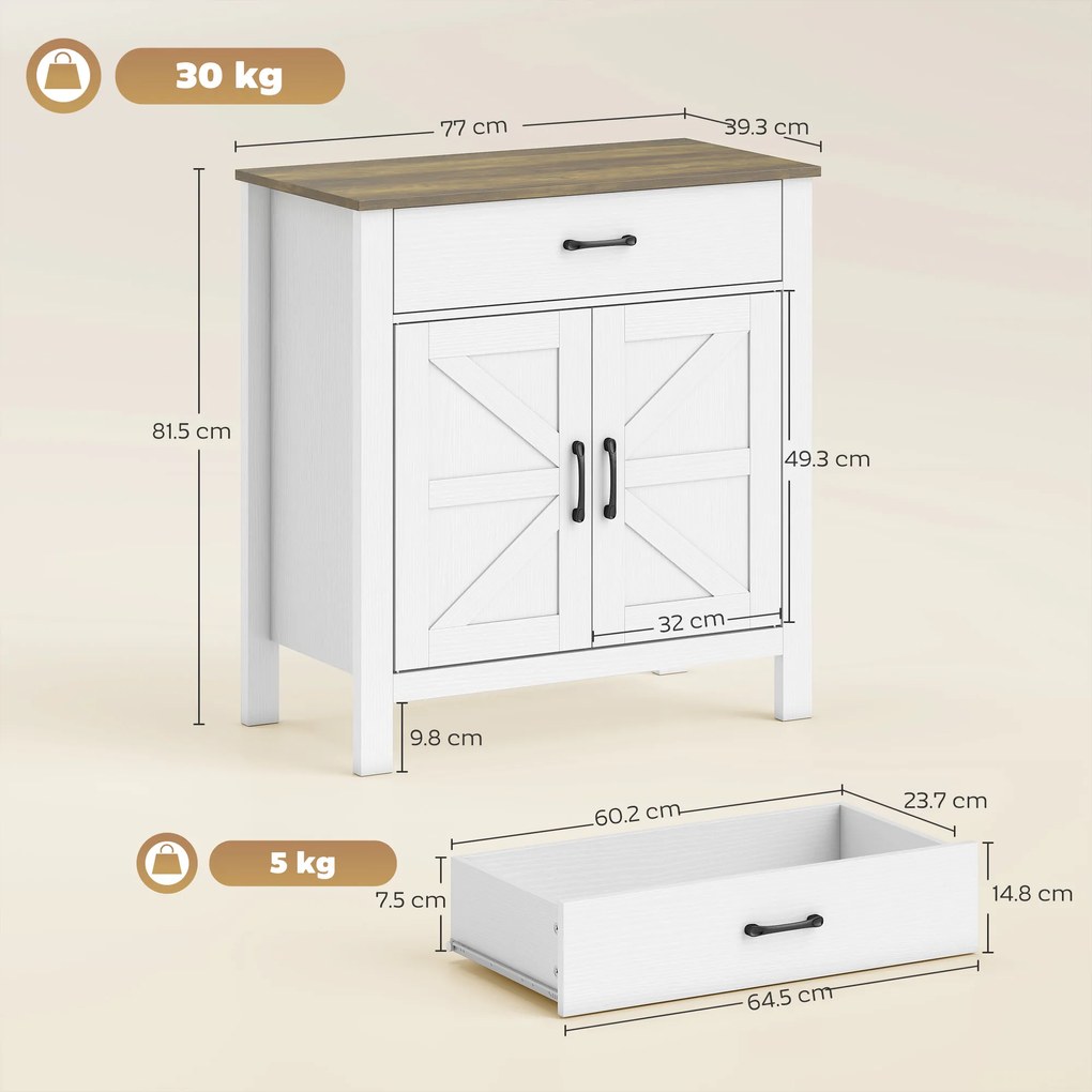 HOMCOM Bufet pentru living, mobilier de depozitare cu 2 uși tip hambar, sertar și poliță reglabilă, 77x39,3x81,5cm, alb și maro | Aosom Romania