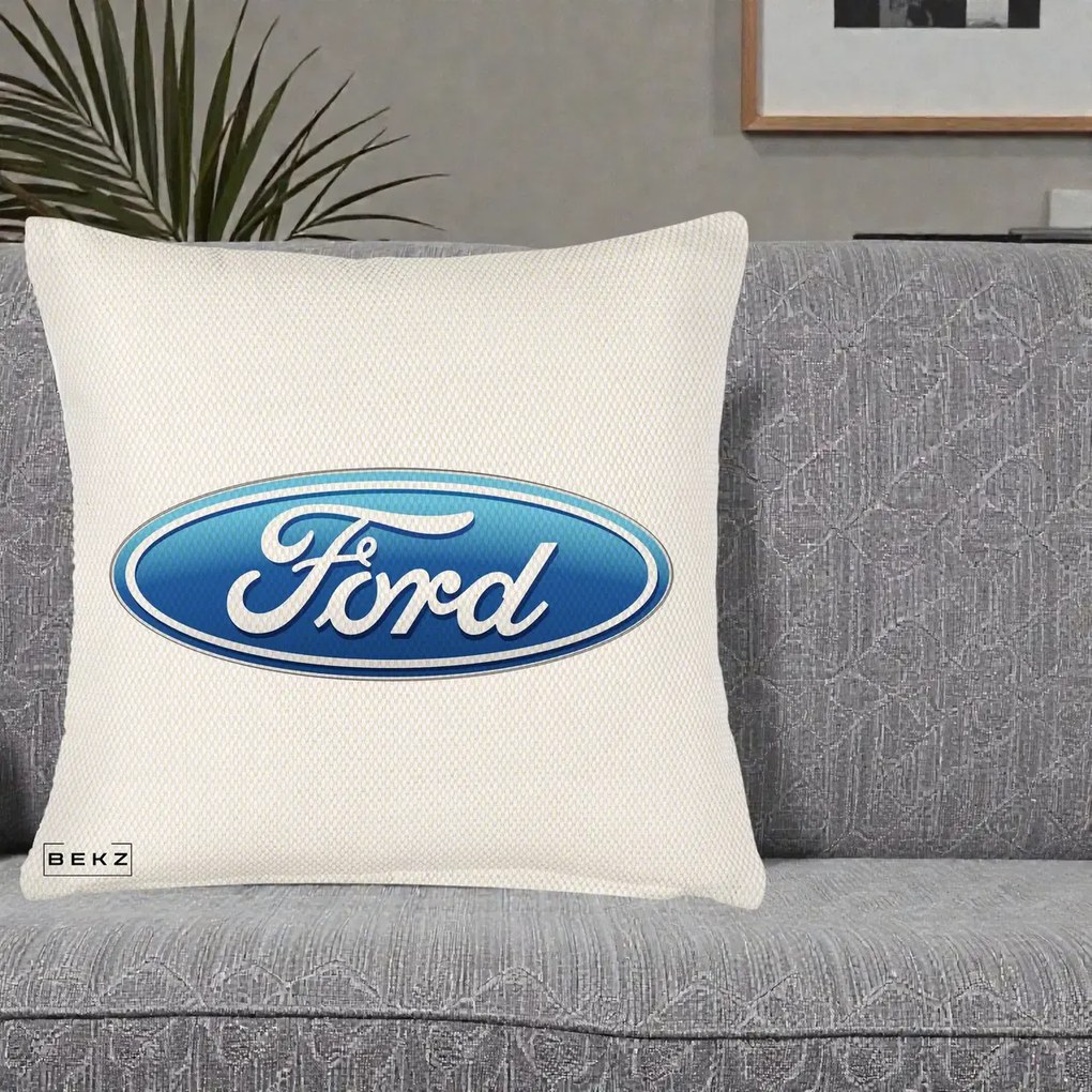 Perna Personalizata cu emblema Ford, 40x40 cm, Crem Reliefat, Husa Detasabila, Perna Inclusa, BEKZ®