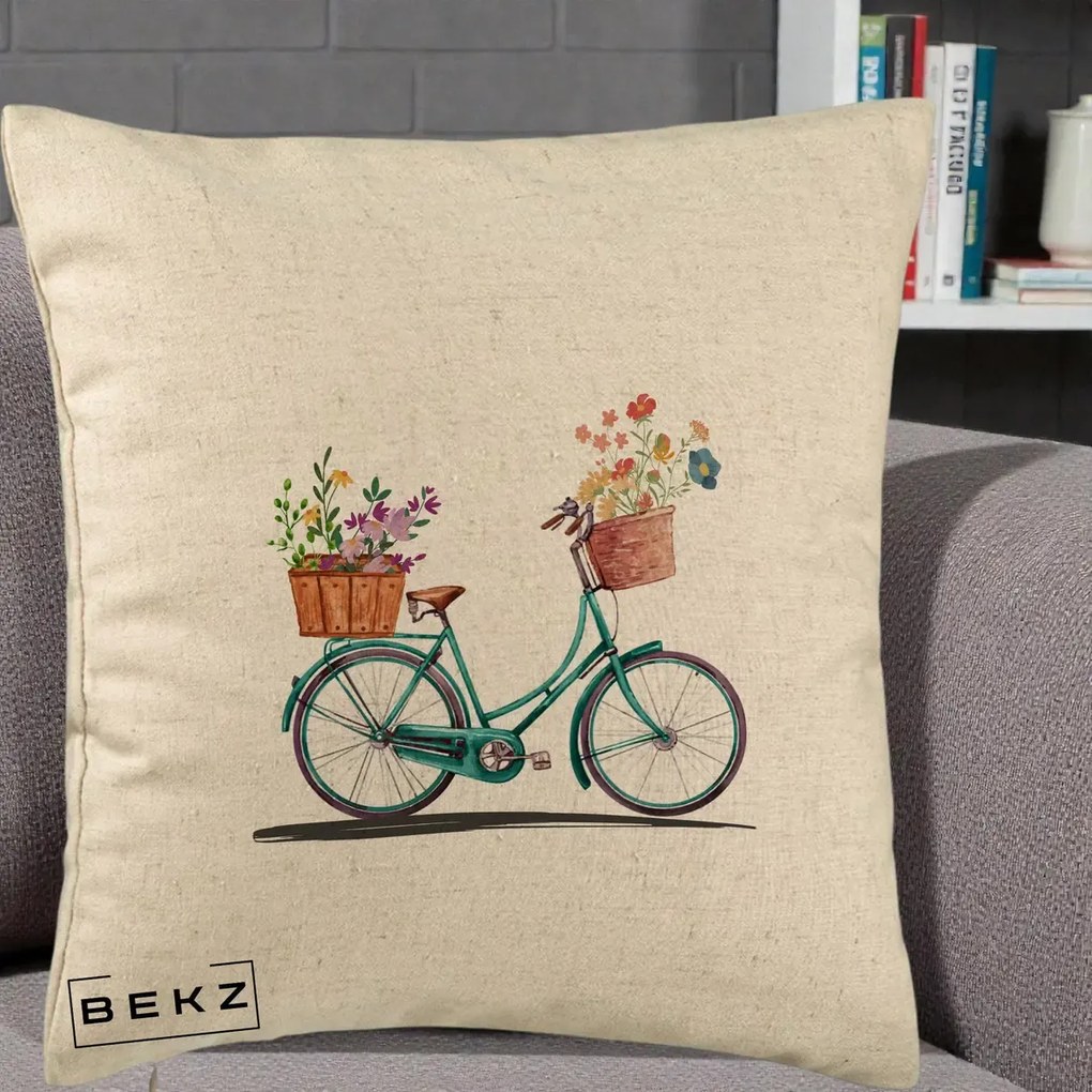 Perna Decorativa Bicicleta Florala Turcoaz Acuarela, 40x40 cm, Bej, Husa Detasabila, Perna Inclusa, BEKZ®