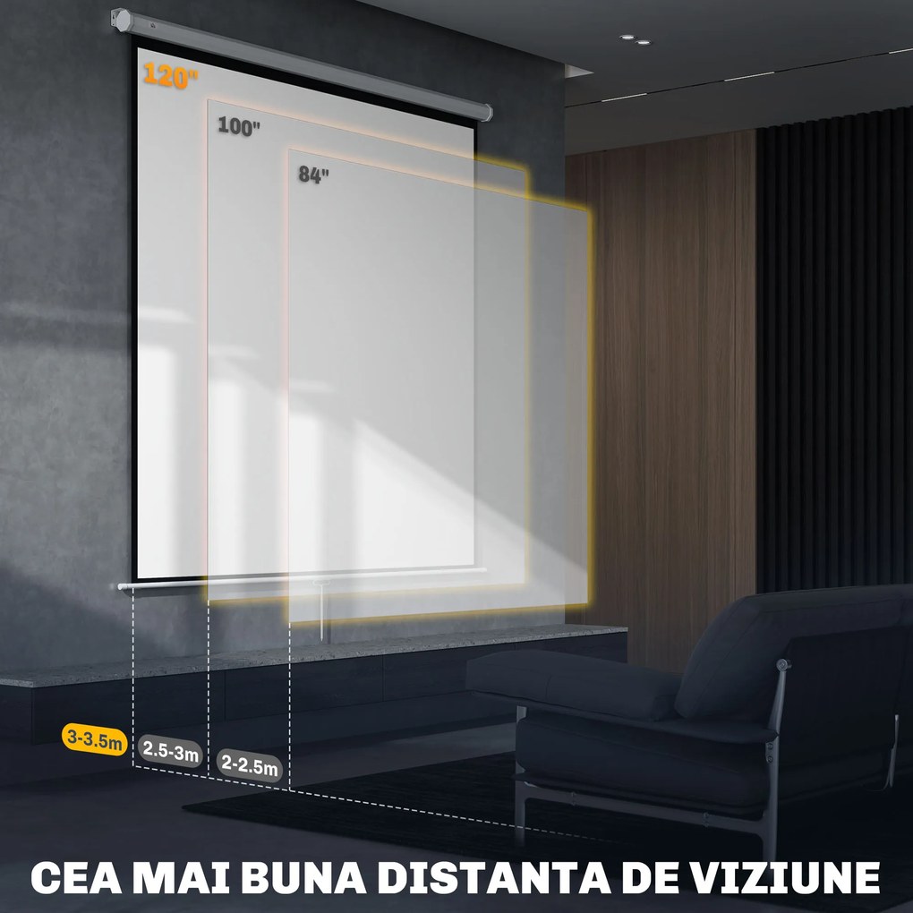 HOMCOM Ecran de Proiecție 120 Inch Format 1:1, Ecran Rulabil cu Unghi de 160° și Montare pe Tavan sau Perete, 223x8x223 cm, Alb | Aosom Romania