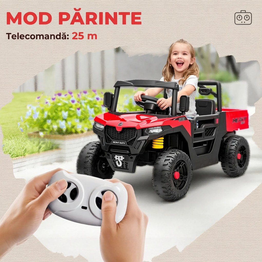 AIYAPLAY Mașină Electrică pentru Copii UTV 12V Off-road cu Portbagaj, 2 Motoare, Centură în 3 Puncte, Telecomandă, Suspensii, USB, Muzică, Lumini, 1.8-3.7 km/h, 3-8 Ani, Roșu | Aosom Romania