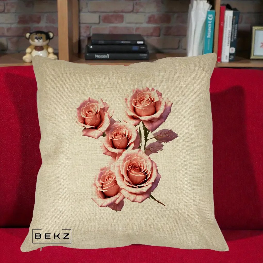 Perna Decorativa Trandafiri Roz Pastel Acuarela, 40x40 cm, Crem, Husa Detasabila, Perna Inclusa, BEKZ®