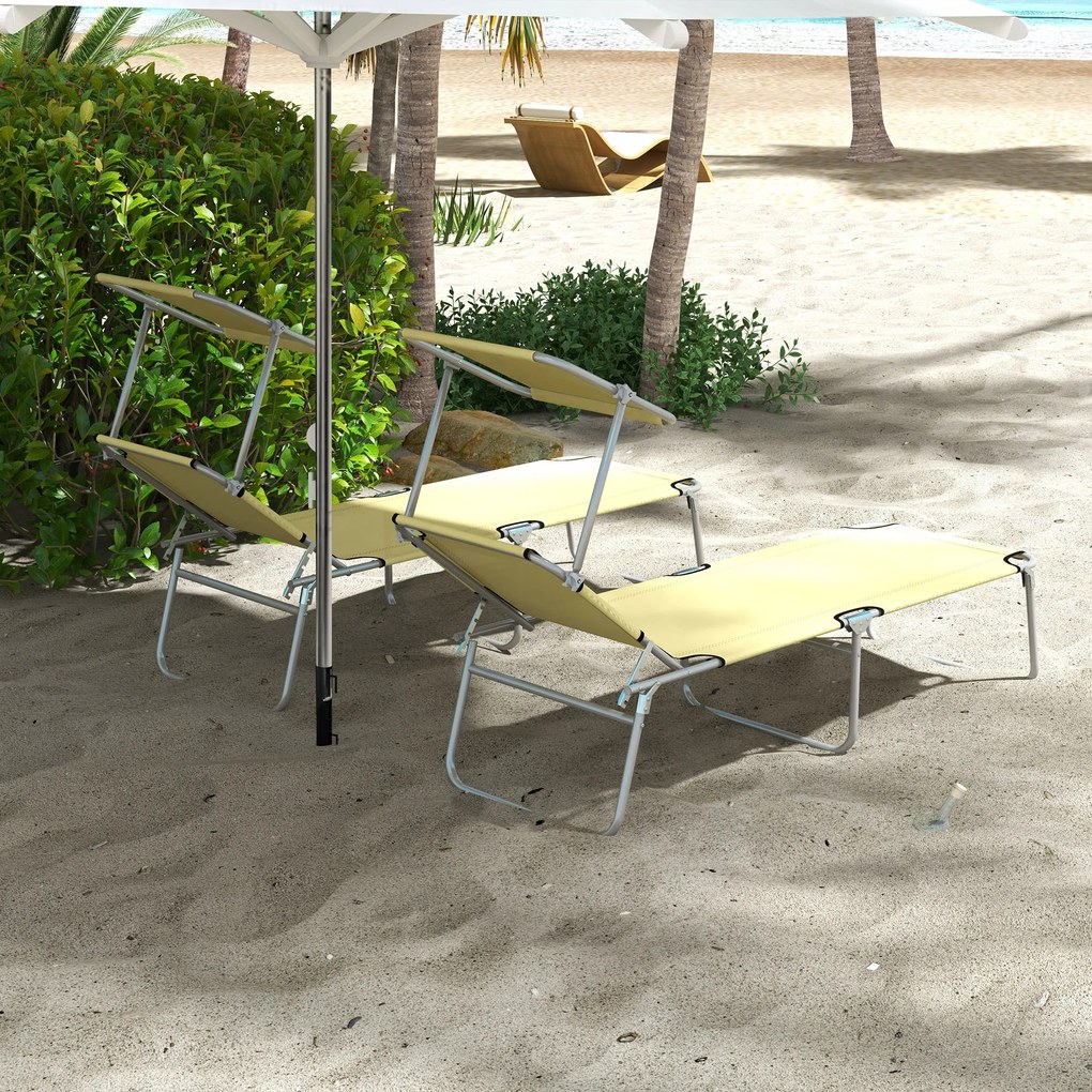 Outsunny Set de 2 Șezlonguri Pliabile cu Tetieră Reglabilă, Spătar Reglabil, Șezlonguri de Grădină din Material Oxford și Metal, pentru Plajă, Piscină, 187x58x36 cm, Bej | Aosom Romania