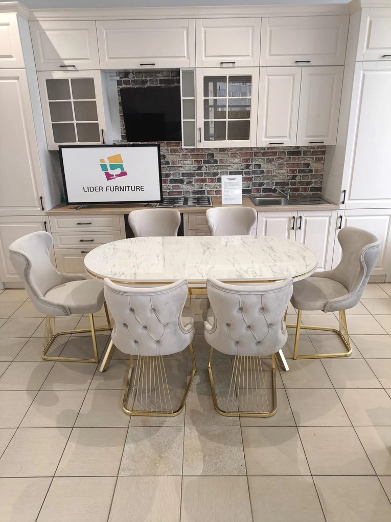 SET STELLA CREM CU AURIU MASA+6 SCAUNE, BLAT ALB