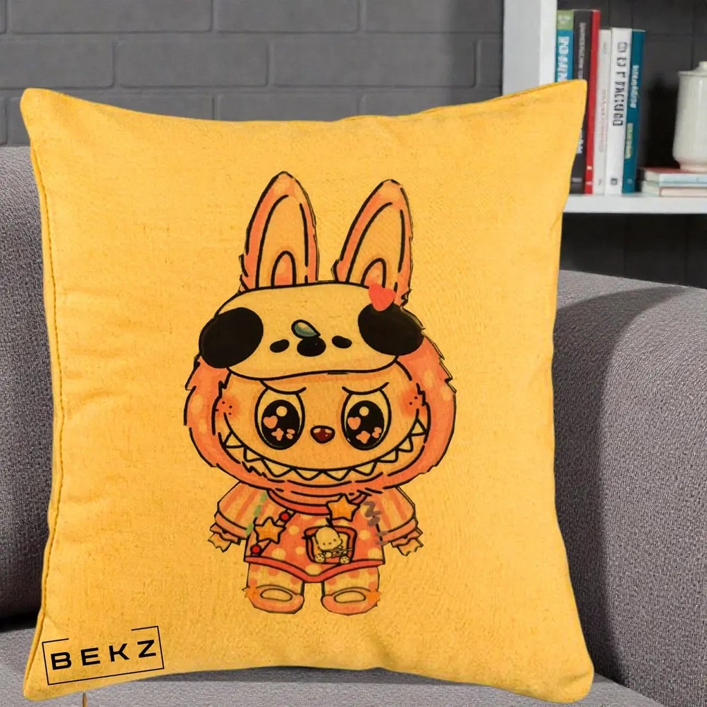Perna Personalizata Labubu Panda-Bunny Roz, 40x40 cm, Galben, Husa Detasabila, Perna Inclusa, BEKZ®