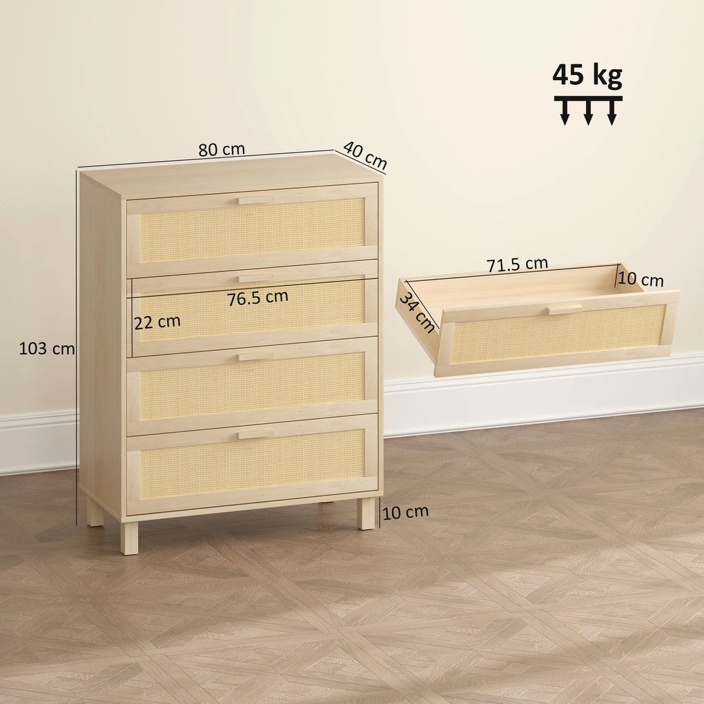 HOMCOM Comodă 4 sertare cannage din ratan dim. 80L x 40l x 103H cm MDF Aspect Lemn Deschis | Aosom Romania