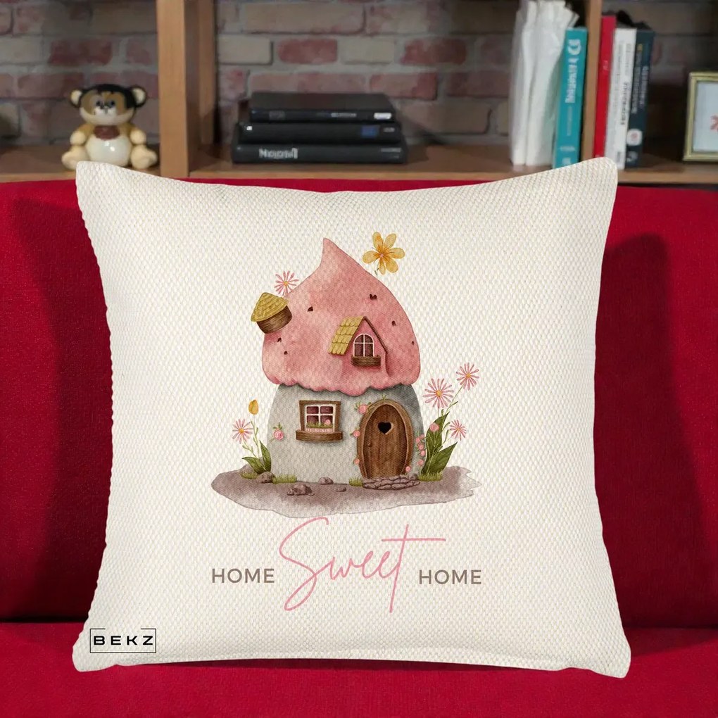 Perna Decorativa Home Sweet Home Casuta, 40x40 cm, Crem Reliefat, Husa Detasabila, Perna Inclusa, BEKZ®