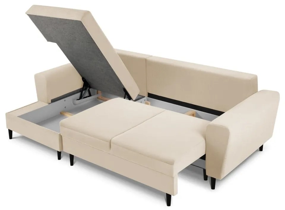 Colțar bej extensibil, cu spațiu de depozitare cu tapițerie din catifea reiată (cu colț pe partea stângă, cu șezlong) Kyoto – Cosmopolitan Design
