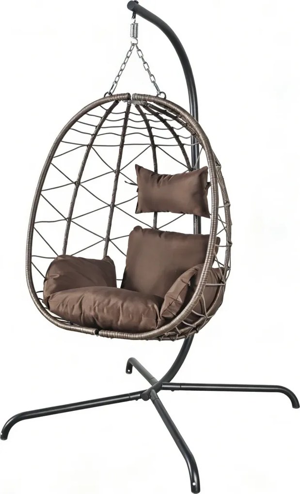 Fotoliu leagan suspendat, cos pliabil, perne moi, rezistent la UV, împletitură PE ratan, structură metalică, pentru interior și exterior, Maro