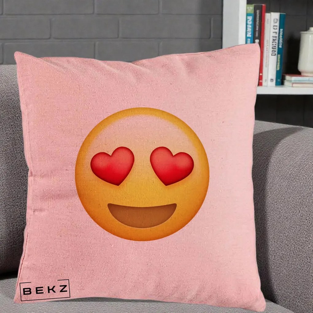 Perna Decorativa Emoji Inimi in Ochi, 40x40 cm, Roz, Husa Detasabila, Perna Inclusa, BEKZ®