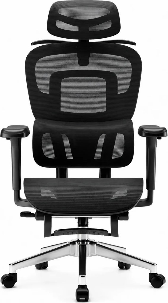 SIENA E15 Executive – Scaun Ergonomic cu Suport Lombar Reglabil pe Înălțime, Tetieră Reglabilă, Cotiere 3D, Șezut Extensibil, Reclinare 135°, Umeraș Integrat, Suport pentru Picioare și Bază Metalică, Mesh, Negru