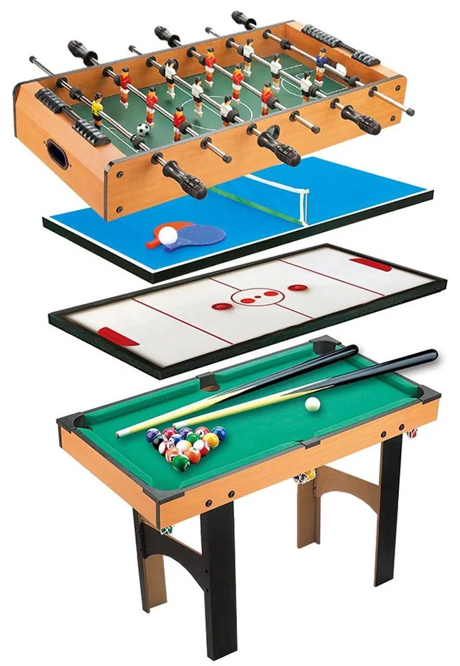 Masă de joc 4 în 1 pentru foosball, ping-pong, biliard și air hockey