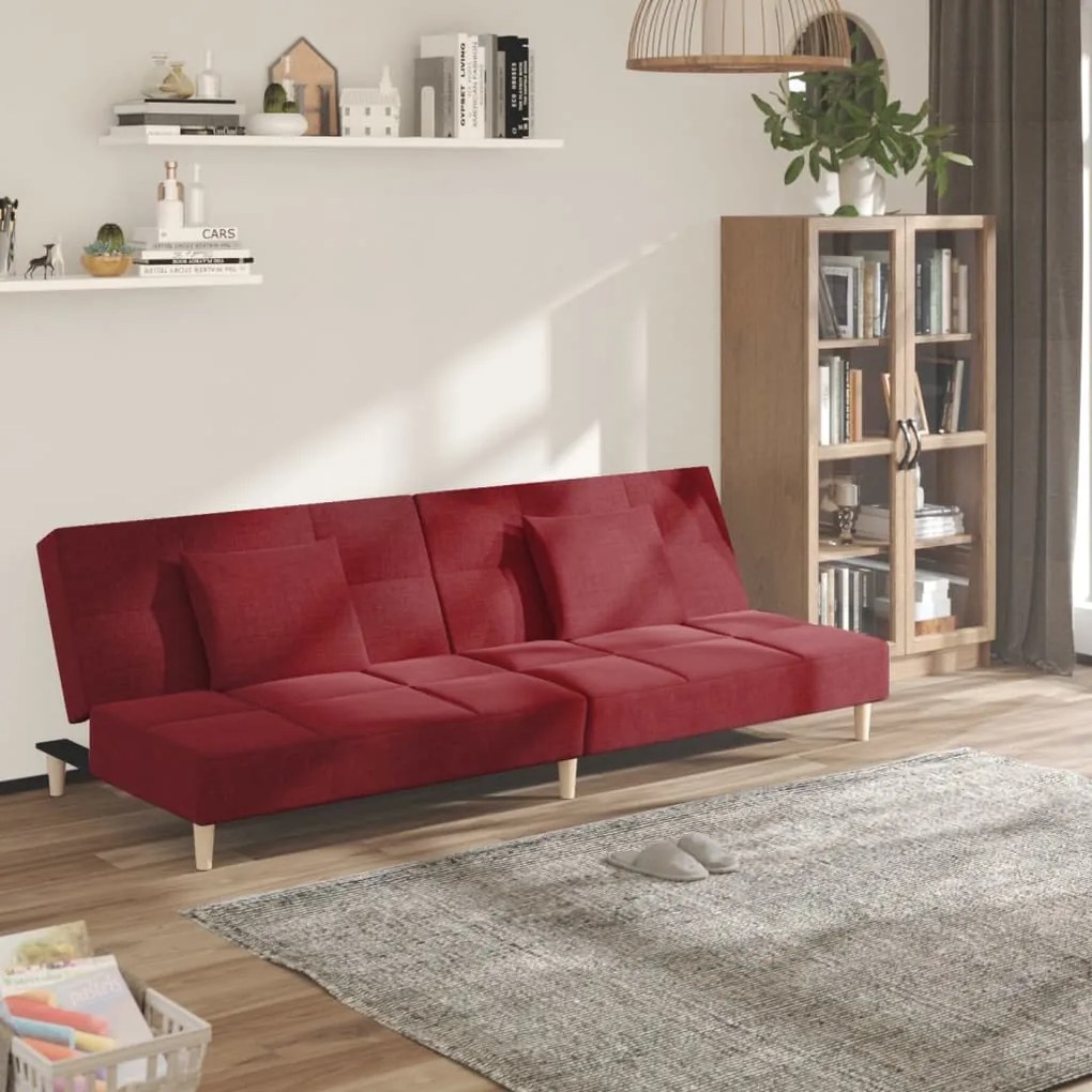 337424 vidaXL Canapea extensibilă cu 2 locuri, 2 perne, roșu vin, textil