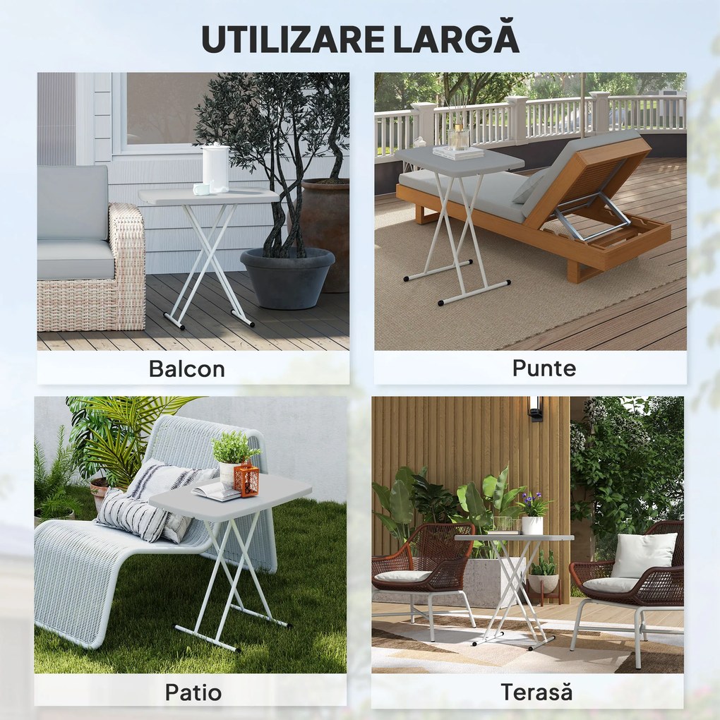 Outsunny Măsuță de Cafea Pliabilă, Reglabilă pe Înălțime și Portabilă, cu Blat HDPE și Cadru Metalic, 76x50x74 cm, Alb | Aosom Romania
