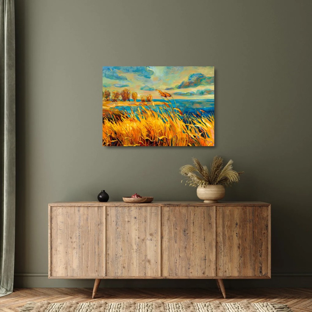 Tablou pe sticlă - Apus de soare peste lac, pictură acrilică (70x50 cm)