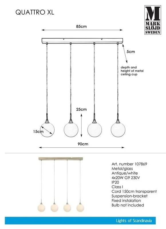 Pendul cu 4 becuri Markslöjd Quattro XL Antique