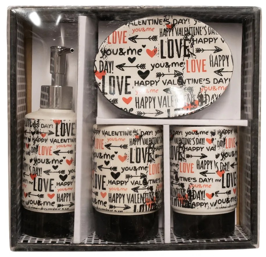 Set 4 accesorii baie, model LOVE, dozator sapun 300 ml