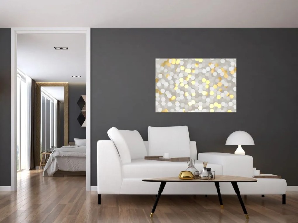 Tablou - Hexagoane alb - auriu (90x60 cm)