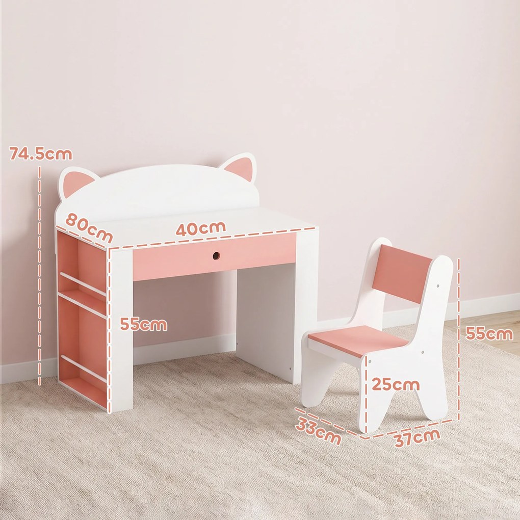 AIYAPLAY Set masă și scaun pentru copii, 3-8 ani, cu bibliotecă laterală, sertar și design vulpiță, alb | Aosom Romania