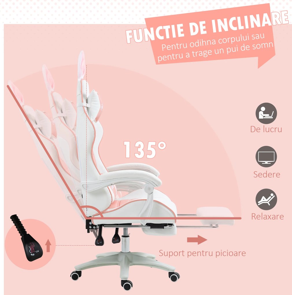 Vinsetto Scaun de Gaming Ergonomic cu Urechi de Iepure și Suport pentru Picioare Extensibil, 65x63x136-142 cm, Roz | Aosom Romania