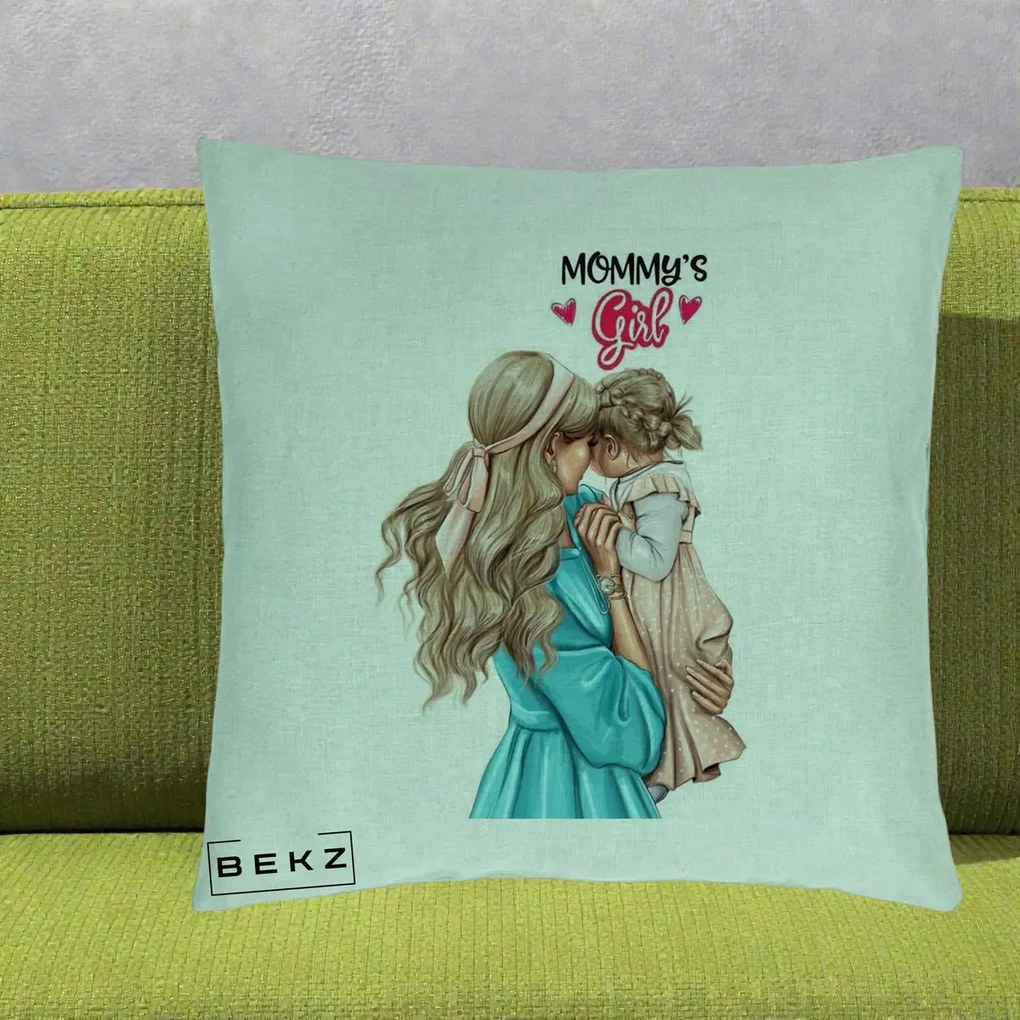 Cadou pentru Mama - Perna Personalizata Mommy's Girl Mama si Fetita, 40x40 cm, Verde Menta, Husa Detasabila, Perna Inclusa, BEKZ®