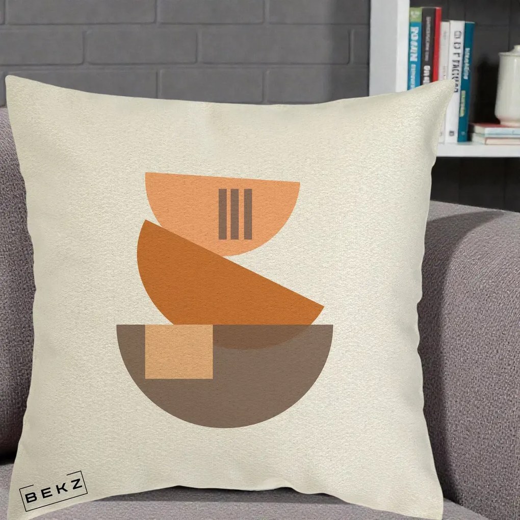 Perna Decorativa Geometric Bauhaus Boluri Portocaliu, 40x40 cm, Ecru, Husa Detasabila, Perna Inclusa, BEKZ®